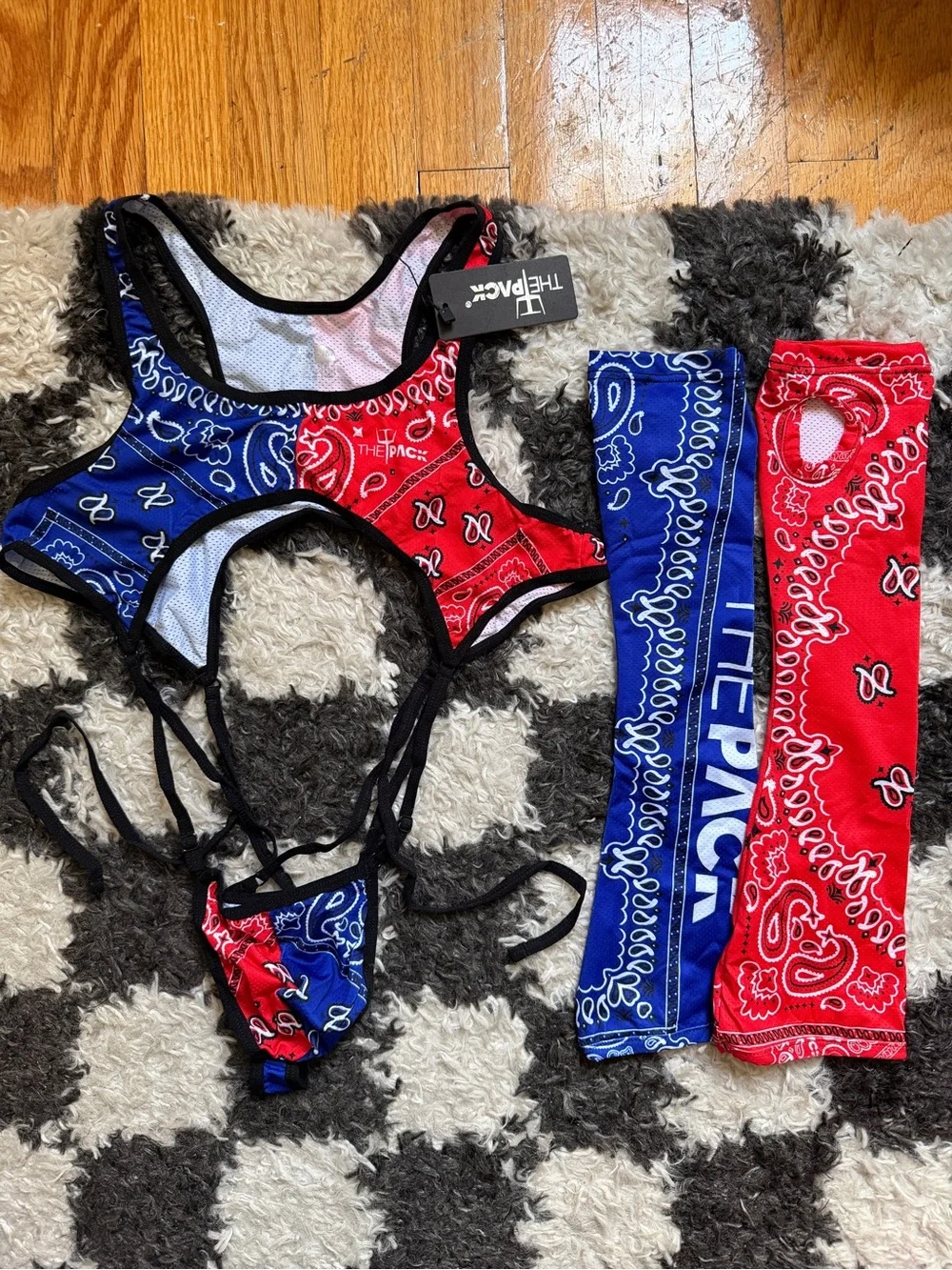 NWT Bandana Split Crop Harness Bodysuit & Arm Sleeves Set - Red & Blue